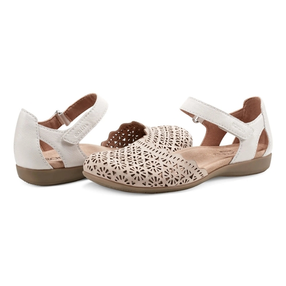 Earth Origins Shoes - Earth Origins Laser-Cut Ankle-Strap Flats in White and Tan